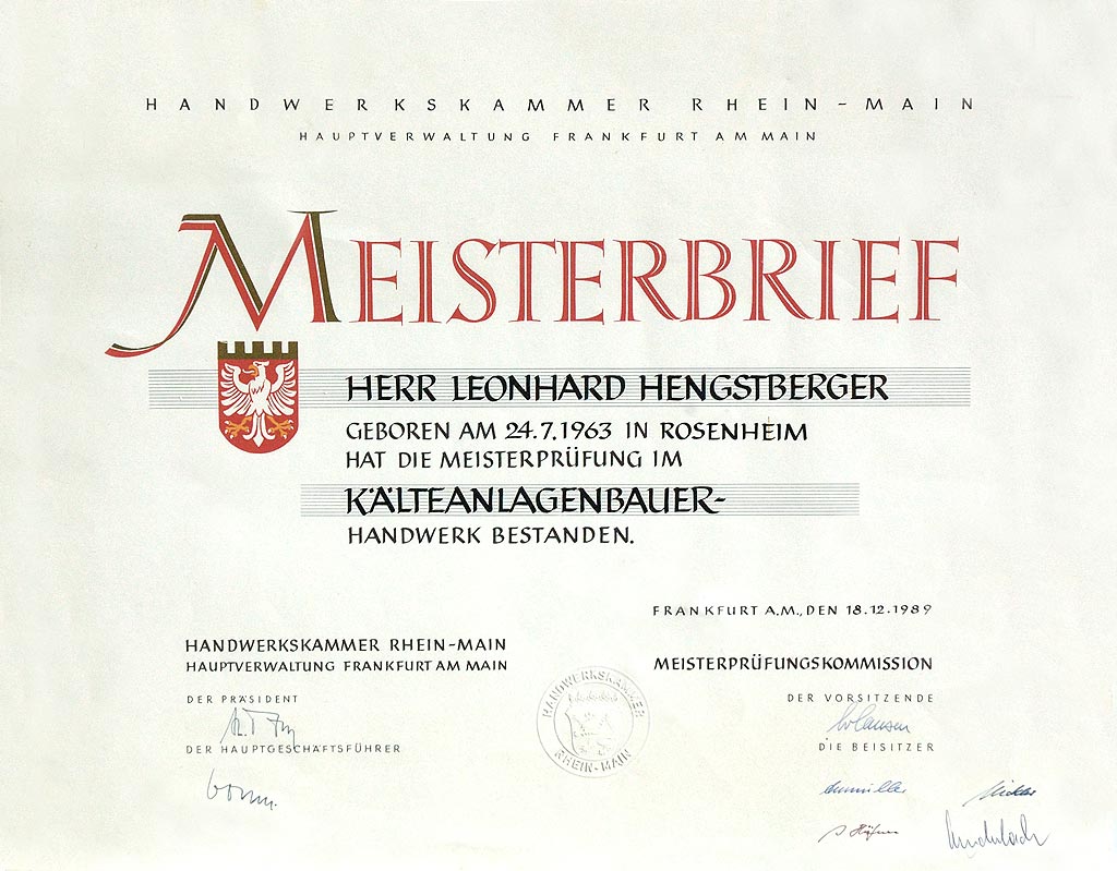 Meisterbrief Leonard Hengstberger
